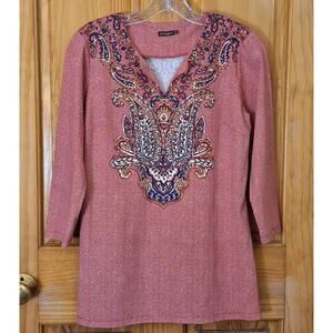 J. McLaughlin Shirt Women XS Catalina Cloth Red Paisley 3/4 Sleeve Stretch Prep